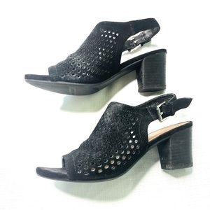 Franco Sarto Monaco Black Suede Laser Cut Slingback Sandals Size 6.5